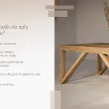 Drewniany stolik kawowy, idealna wysokość to 2-5 cm poniżej siedziska sofy. Wazon z trawą pampasową na blacie.