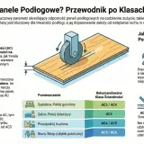 Ilustracja przedstawia panele podłogowe z testem ścieralności, pokazując, że wyższa klasa ścieralności AC5 oznacza większą trwałość.