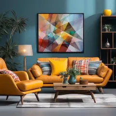 Pomarańczowy skórzany zestaw wypoczynkowy, kolorowy obraz i regał tworzą inspiracje do salonu w stylu retro.