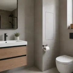 Nowoczesna łazienka z ukrytymi instalacjami. Eleganckie płytki, drewniana szafka pod umywalkę i podwieszana miska WC. Jak zamaskować rury na ścianie? Dyskretne panele i schowki.