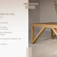 Drewniany stolik kawowy, idealna wysokość to 2-5 cm poniżej siedziska sofy. Wazon z trawą pampasową na blacie.