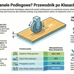 Ilustracja przedstawia panele podłogowe z testem ścieralności, pokazując, że wyższa klasa ścieralności AC5 oznacza większą trwałość.