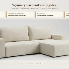 Jak czytać wymiary narożnika: szerokość 200-300 cm, głębokość 140-200 cm, wysokość 80-100 cm, powierzchnia spania 120x200 cm.