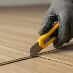 Ręka w rękawicy tnie panele laminowane nożem technicznym. Dowiedz się, czym ciąć panele laminowane.