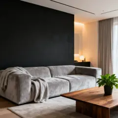 Nowoczesny salon z szarą sofą i drewnianym stolikiem na tle efektownej, czarnej ściany.