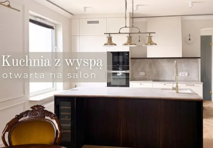 Elegancka otwarta kuchnia z półwyspem, z ciemnym fornirem i marmurowym blatem, idealna do spotkań towarzyskich.