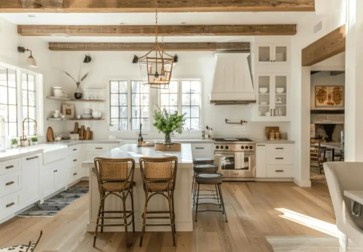 Jasna kuchnia w stylu farmhouse z drewnianymi belkami, wyspą i rattanowymi hokerami.