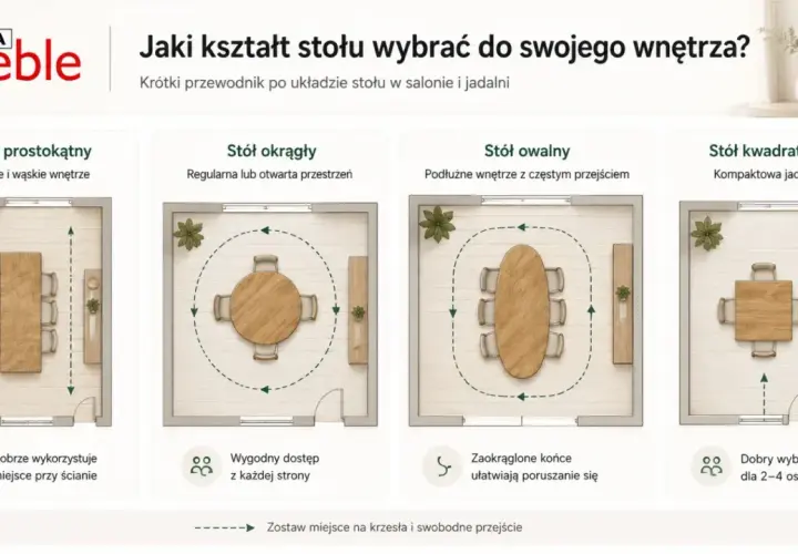 Rysunek przedstawia cztery układy stołów: prostokątny, okrągły, owalny i kwadratowy, z zaznaczonymi przestrzeniami do poruszania się.