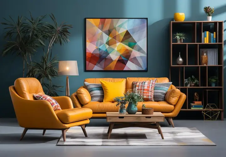 Pomarańczowy skórzany zestaw wypoczynkowy, kolorowy obraz i regał tworzą inspiracje do salonu w stylu retro.
