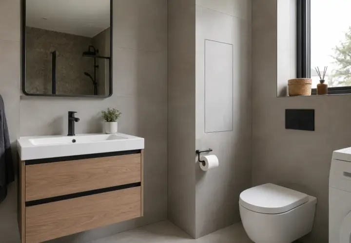Nowoczesna łazienka z ukrytymi instalacjami. Eleganckie płytki, drewniana szafka pod umywalkę i podwieszana miska WC. Jak zamaskować rury na ścianie? Dyskretne panele i schowki.