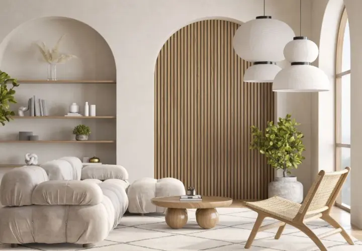 Salon w stylu japandi: miękka sofa, drewniane panele, pleciony fotel i rośliny tworzą przytulną, minimalistyczną przestrzeń.