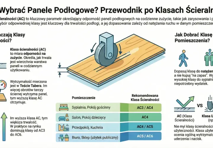 Ilustracja przedstawia panele podłogowe z testem ścieralności, pokazując, że wyższa klasa ścieralności AC5 oznacza większą trwałość.