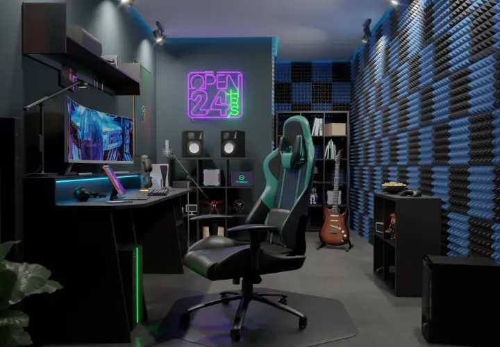 Nowe pokój gamingowy inspiracje: nowoczesne biurko, wygodny fotel, neon "OPEN 24h", gitara i akustyczna ściana.