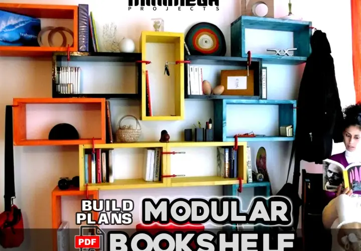 Plany jak się robi biblioteczki modułowe. Kolorowe półki z książkami i dekoracjami. Kobieta czyta książkę.