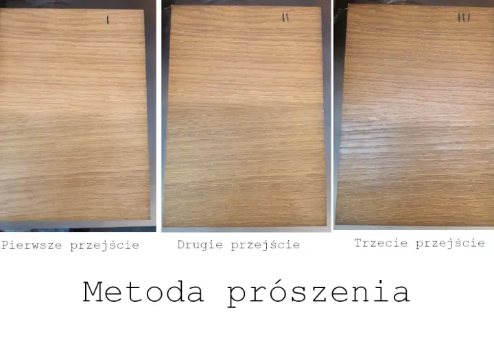 Trzy próbki drewna pokazujące efekt bielenia po kolejnych przejściach metodą prószenia.