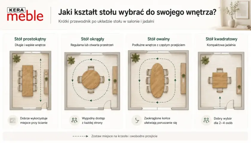 Rysunek przedstawia cztery układy stołów: prostokątny, okrągły, owalny i kwadratowy, z zaznaczonymi przestrzeniami do poruszania się.