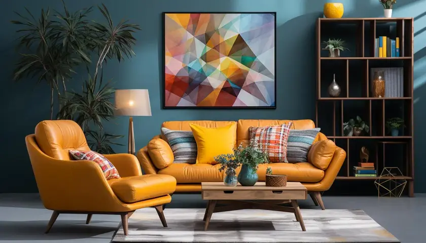 Pomarańczowy skórzany zestaw wypoczynkowy, kolorowy obraz i regał tworzą inspiracje do salonu w stylu retro.