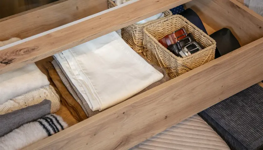 Jak zorganizować szafę? W szufladzie schludnie poukładane ubrania, paski w wiklinowym koszyku.