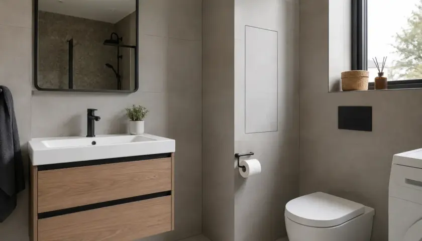 Nowoczesna łazienka z ukrytymi instalacjami. Eleganckie płytki, drewniana szafka pod umywalkę i podwieszana miska WC. Jak zamaskować rury na ścianie? Dyskretne panele i schowki.