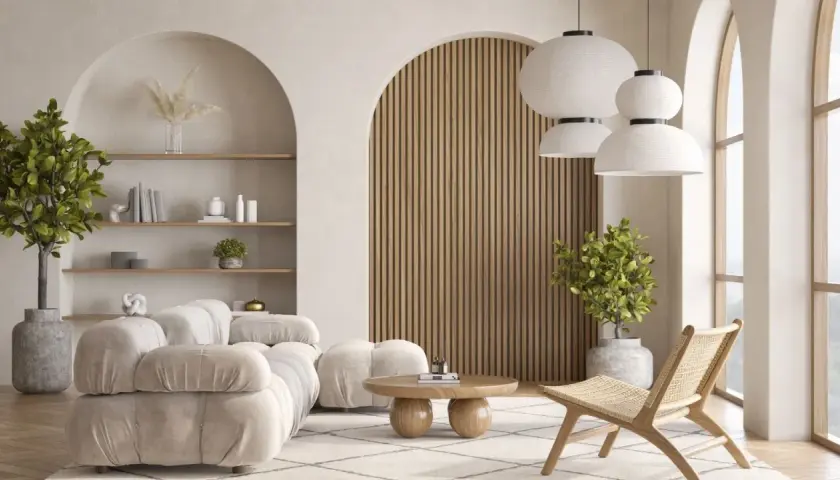 Salon w stylu japandi: miękka sofa, drewniane panele, pleciony fotel i rośliny tworzą przytulną, minimalistyczną przestrzeń.