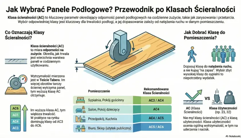 Ilustracja przedstawia panele podłogowe z testem ścieralności, pokazując, że wyższa klasa ścieralności AC5 oznacza większą trwałość.