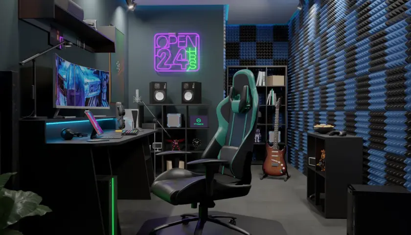 Nowe pokój gamingowy inspiracje: nowoczesne biurko, wygodny fotel, neon "OPEN 24h", gitara i akustyczna ściana.