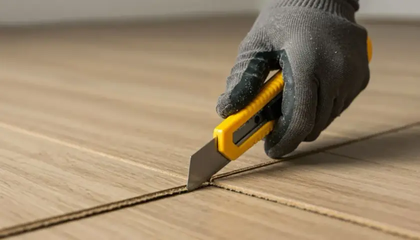 Ręka w rękawicy tnie panele laminowane nożem technicznym. Dowiedz się, czym ciąć panele laminowane.