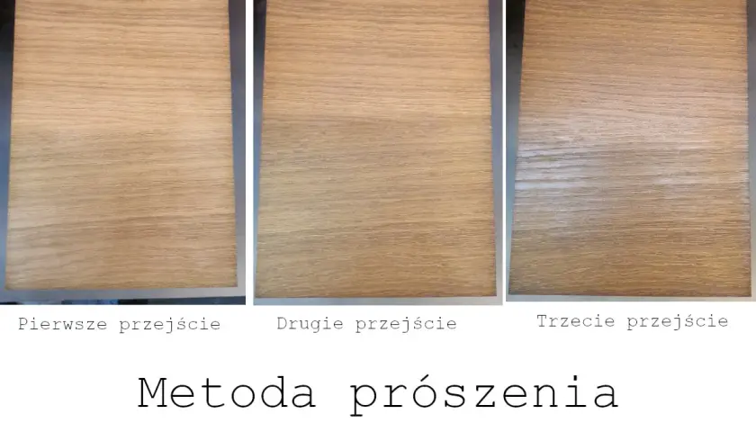 Trzy próbki drewna pokazujące efekt bielenia po kolejnych przejściach metodą prószenia.