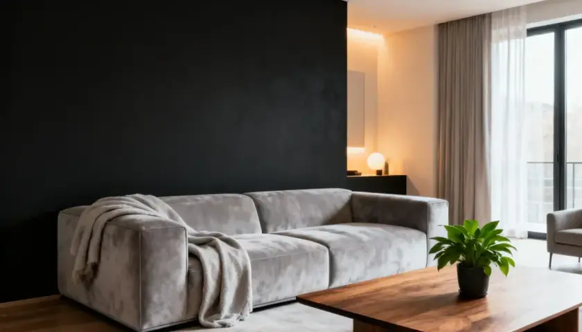 Nowoczesny salon z szarą sofą i drewnianym stolikiem na tle efektownej, czarnej ściany.