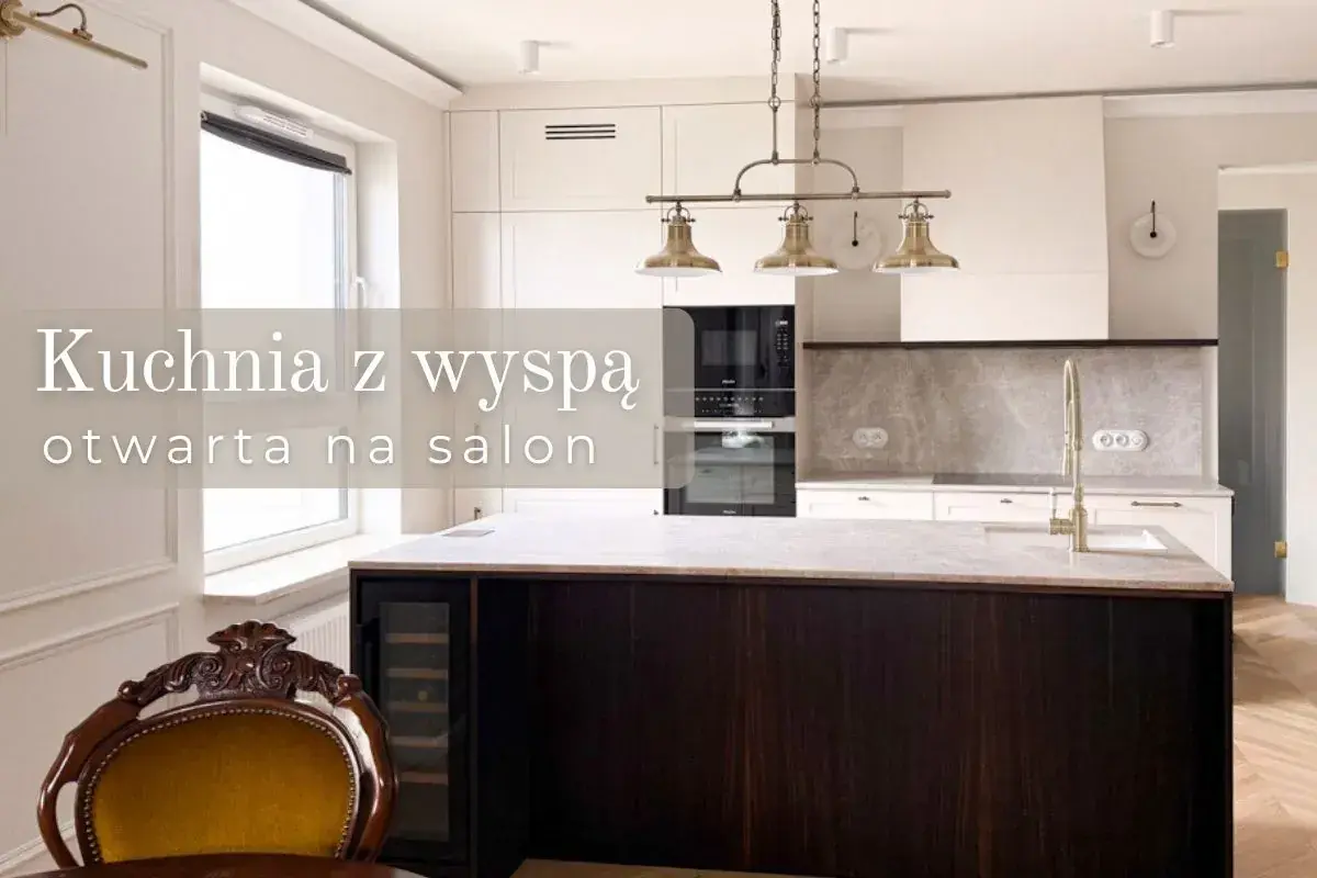 Elegancka otwarta kuchnia z półwyspem, z ciemnym fornirem i marmurowym blatem, idealna do spotkań towarzyskich.