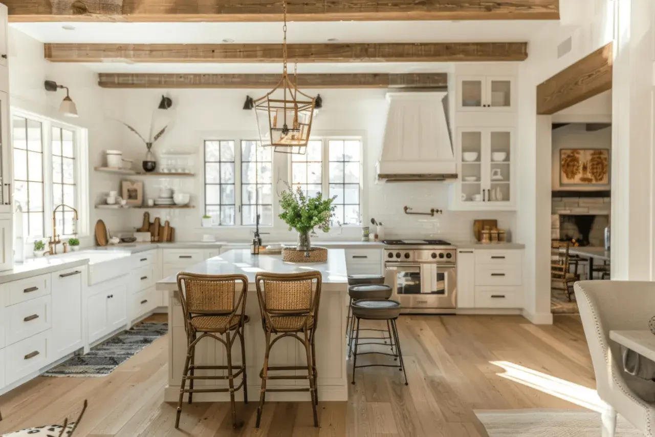 Jasna kuchnia w stylu farmhouse z drewnianymi belkami, wyspą i rattanowymi hokerami.