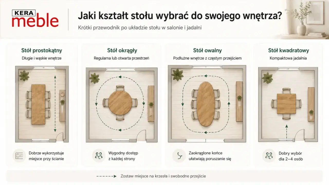 Rysunek przedstawia cztery układy stołów: prostokątny, okrągły, owalny i kwadratowy, z zaznaczonymi przestrzeniami do poruszania się.