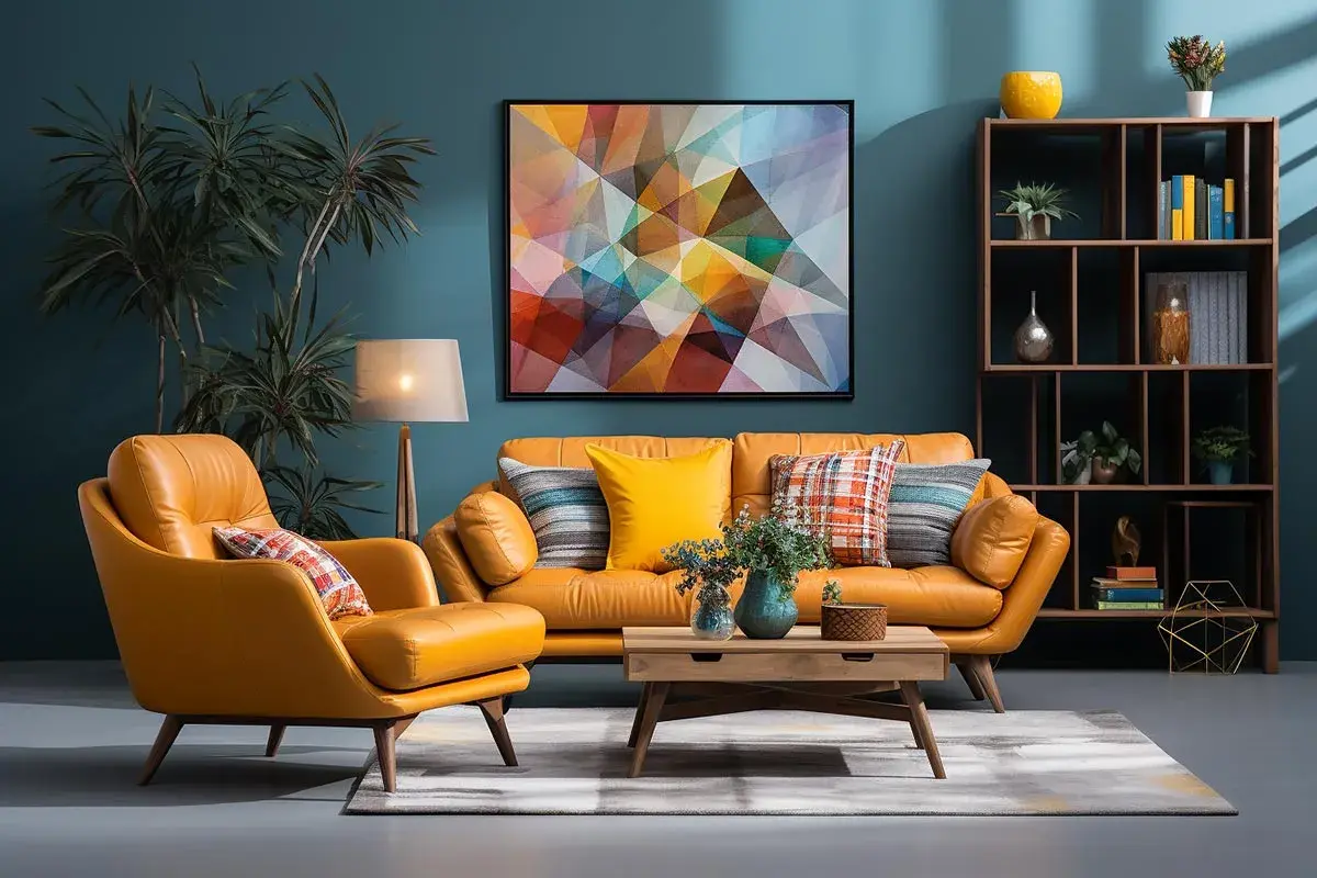 Pomarańczowy skórzany zestaw wypoczynkowy, kolorowy obraz i regał tworzą inspiracje do salonu w stylu retro.