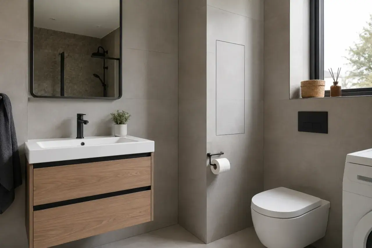 Nowoczesna łazienka z ukrytymi instalacjami. Eleganckie płytki, drewniana szafka pod umywalkę i podwieszana miska WC. Jak zamaskować rury na ścianie? Dyskretne panele i schowki.