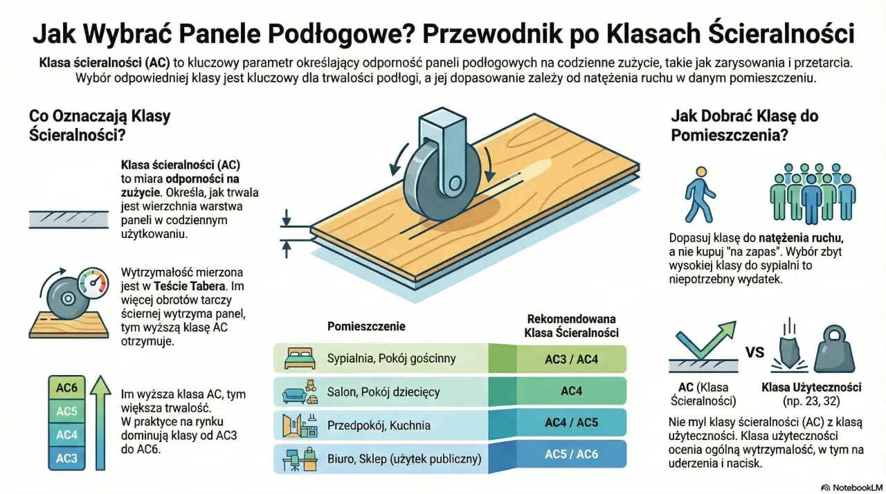 Ilustracja przedstawia panele podłogowe z testem ścieralności, pokazując, że wyższa klasa ścieralności AC5 oznacza większą trwałość.