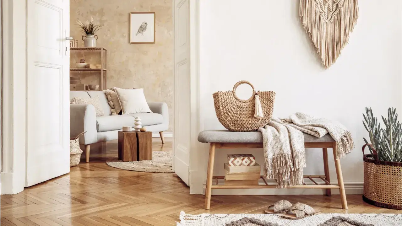 Przytulny salon w stylu boho. Jasna kanapa, pleciona torba i makrama tworzą relaksującą atmosferę.