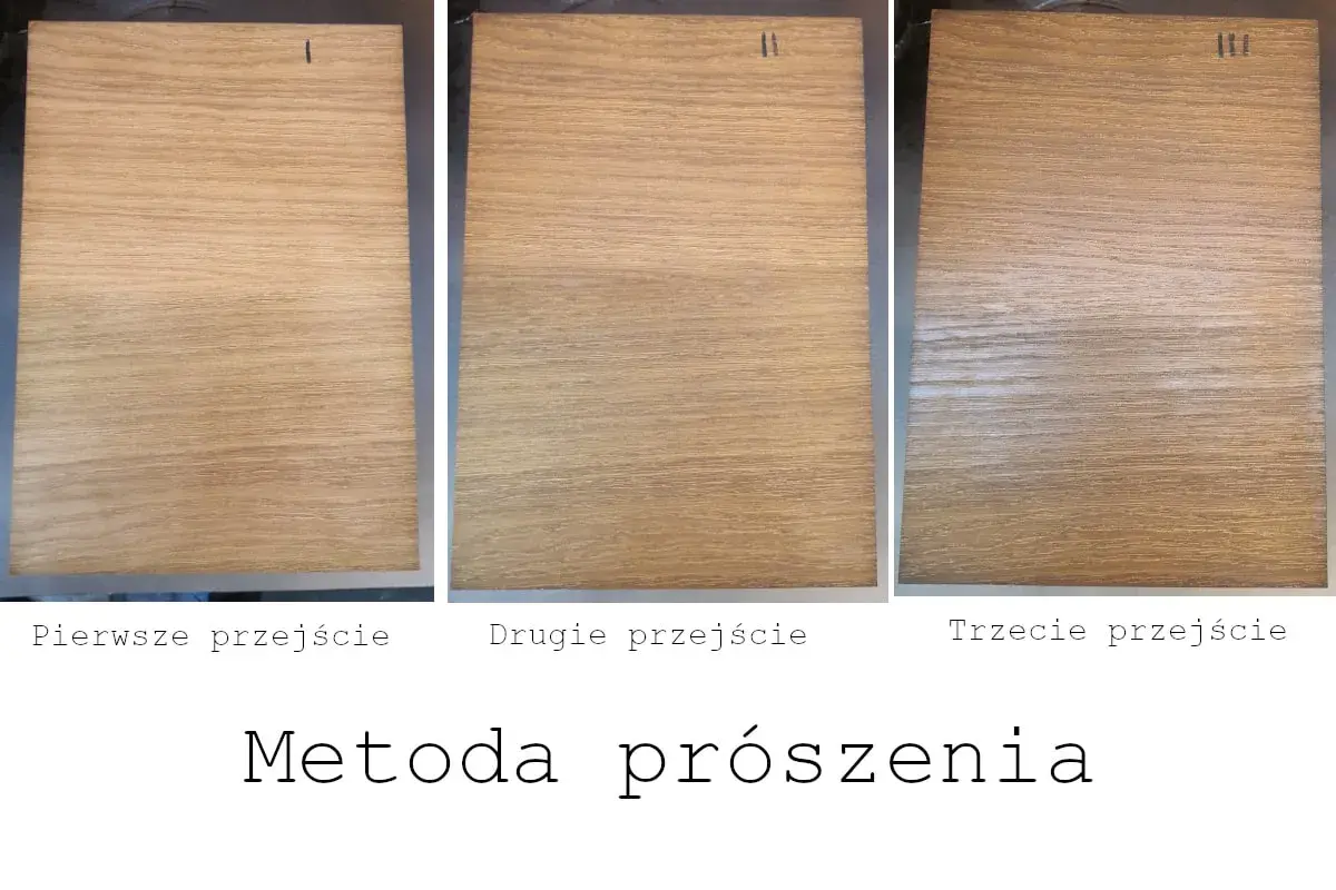 Trzy próbki drewna pokazujące efekt bielenia po kolejnych przejściach metodą prószenia.