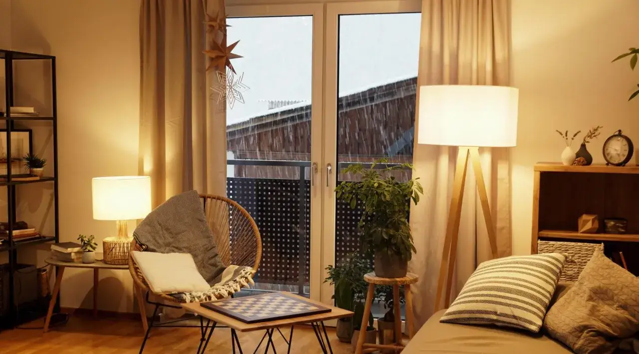 Przytulny salon w skandynawskim stylu domu. Wygodny fotel, stolik z szachami i lampa tworzą idealne miejsce na relaks podczas deszczowego dnia.
