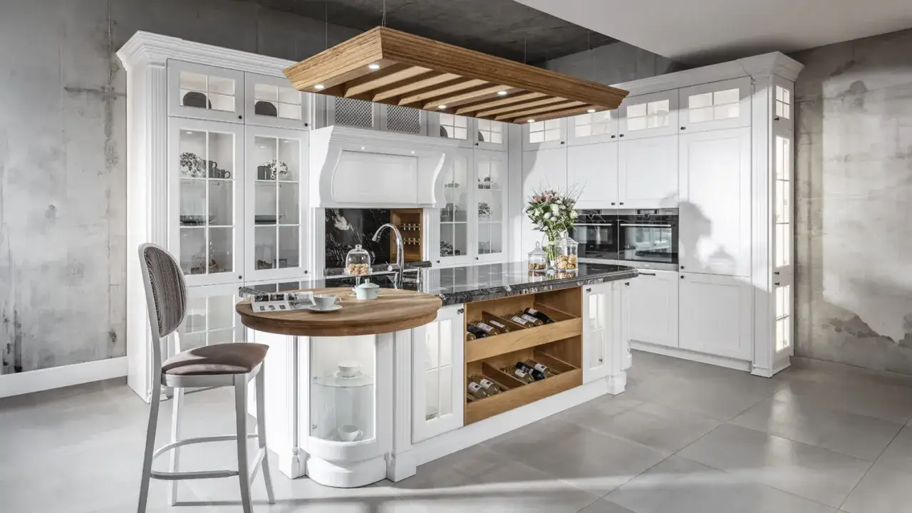 Elegancka kuchnia w stylu farmhouse z białymi frontami, kamiennym blatem i drewnianym okapem.