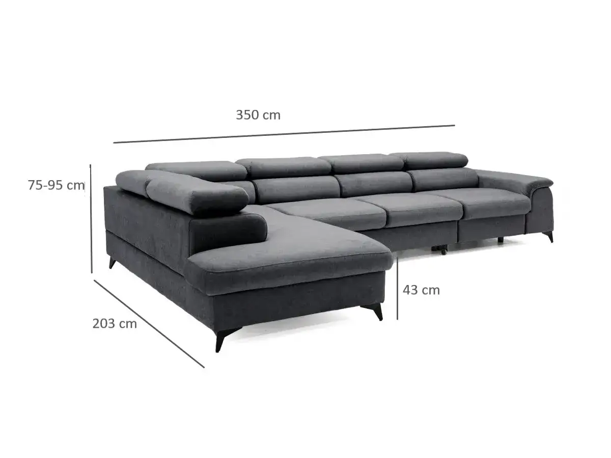 Szary narożnik z wymiarami: 350 cm, 203 cm, 75-95 cm i 43 cm. Jak czytać wymiary narożnika?