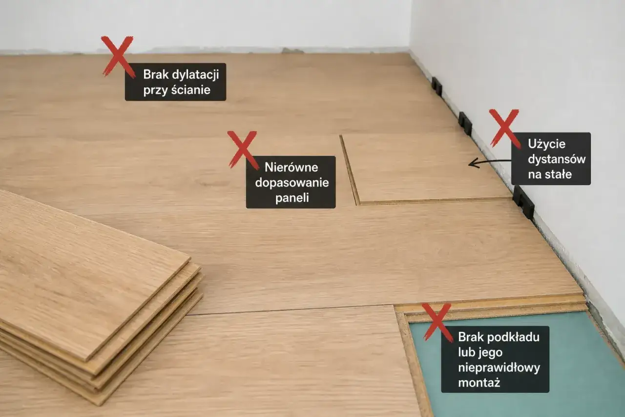Błędy przy układaniu paneli: brak dylatacji, nierówne dopasowanie, stałe dystanse, zły podkład. Jak połączyć rozchodzące się panele? Unikaj tych błędów.