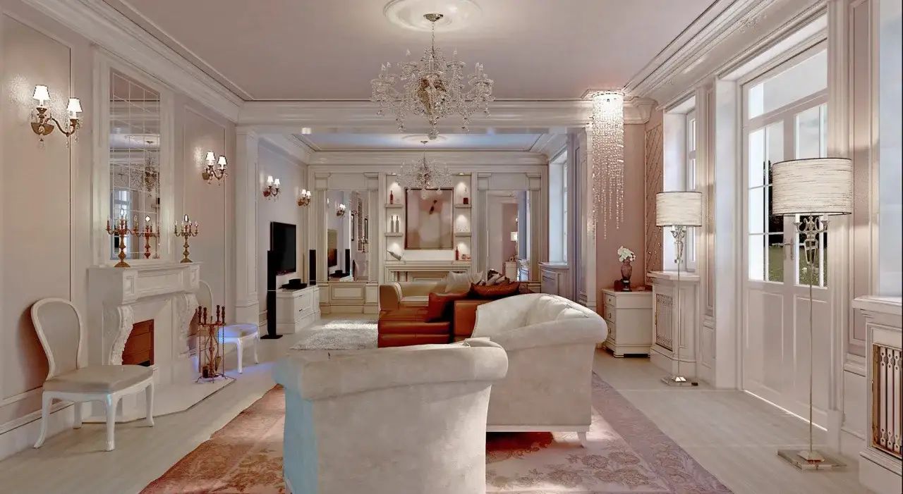 Elegancki salon w stylu francuskim, pełen blasku kryształowych żyrandoli i subtelnych detali. Inspiracje dla wytwornego wnętrza.