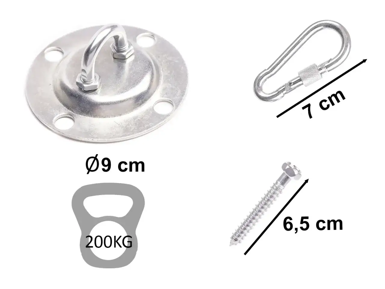 Zestaw do montażu fotela wiszącego: uchwyt sufitowy (Ø9cm), karabińczyk (7cm), wkręt (6,5cm). Wytrzymałość 200kg.